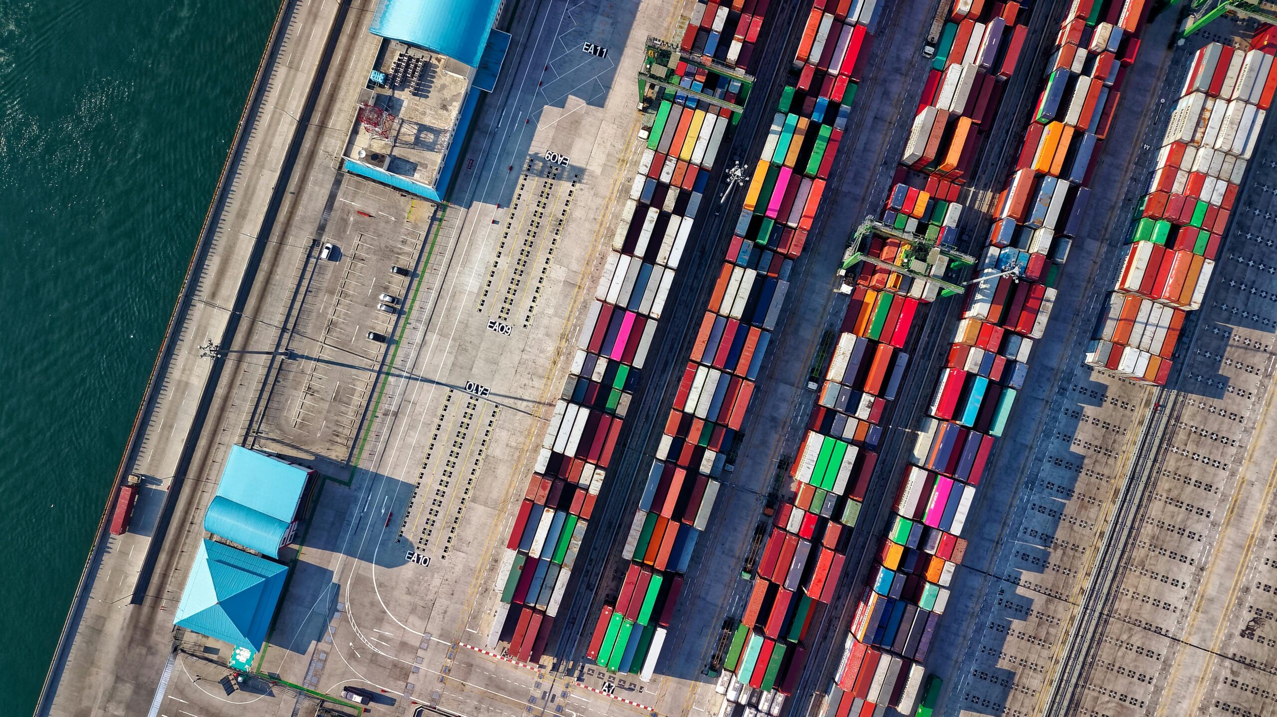 Birds eye view of shipping containers on a ship.